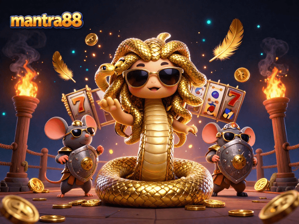 Experience thrilling gameplay at mantra88 with an exciting dynamic casino scene featuring characters and slot reels.