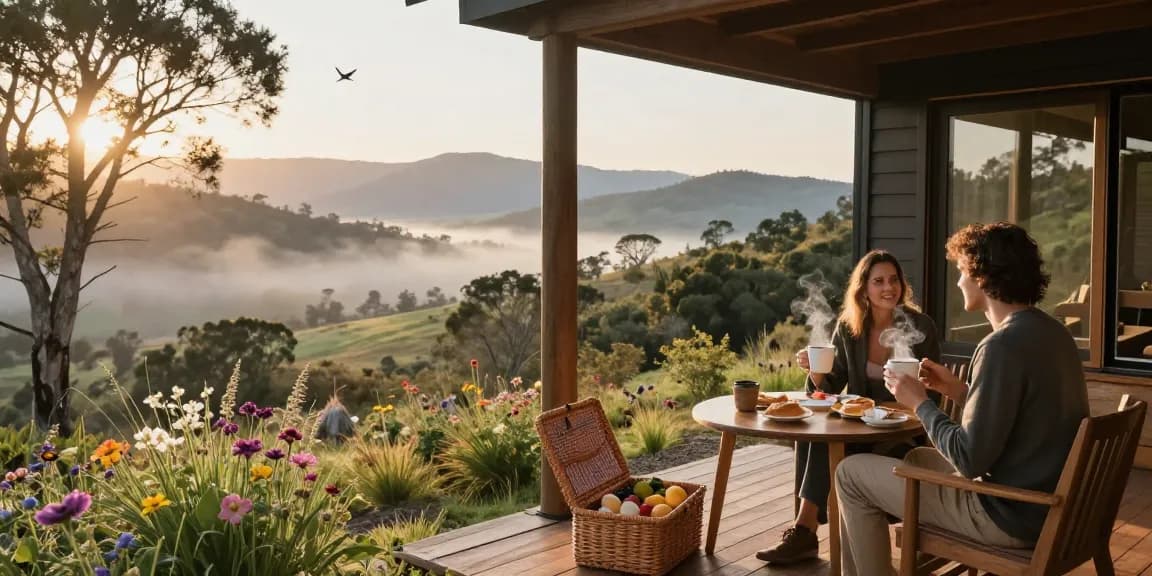Magaliesburg Accommodation featuring a cozy cabin overlooking lush landscapes with a couple enjoying breakfast.