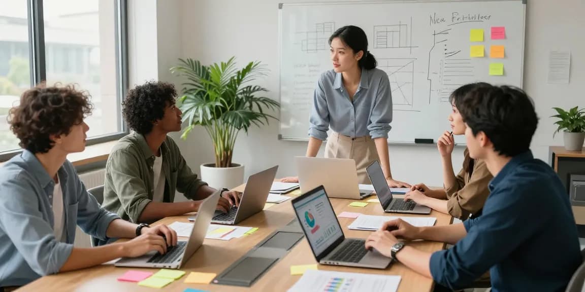 Team collaboration scene showcasing bryndarland.co.uk business insights in a modern office.