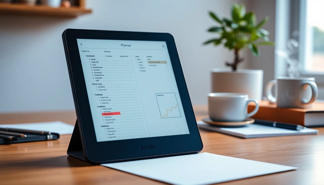 Organizing tasks with vibrant planners for Kindle Scribe on a digital display in a cozy workspace.