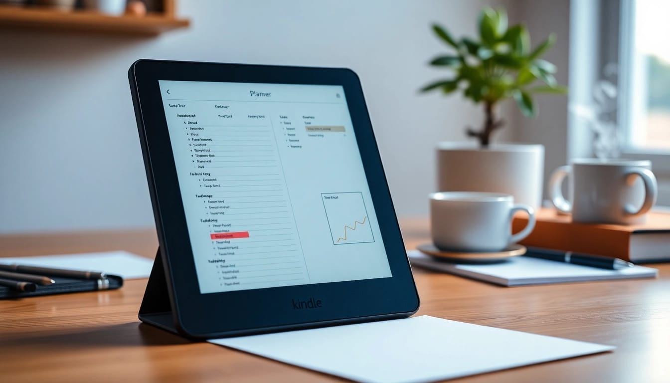 Organizing tasks with vibrant planners for Kindle Scribe on a digital display in a cozy workspace.