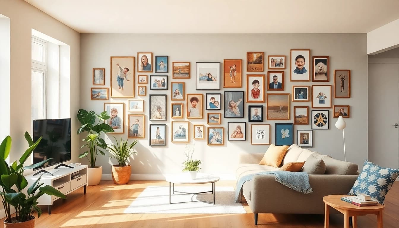Showcase of a colorful photo wall filled with family memories in a stylish living room.