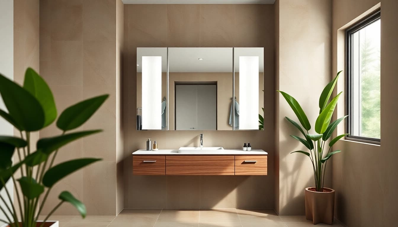 Spiegelschrank Bad mit Beleuchtung im modernen Badezimmer, das stilvoll und einladend ist.