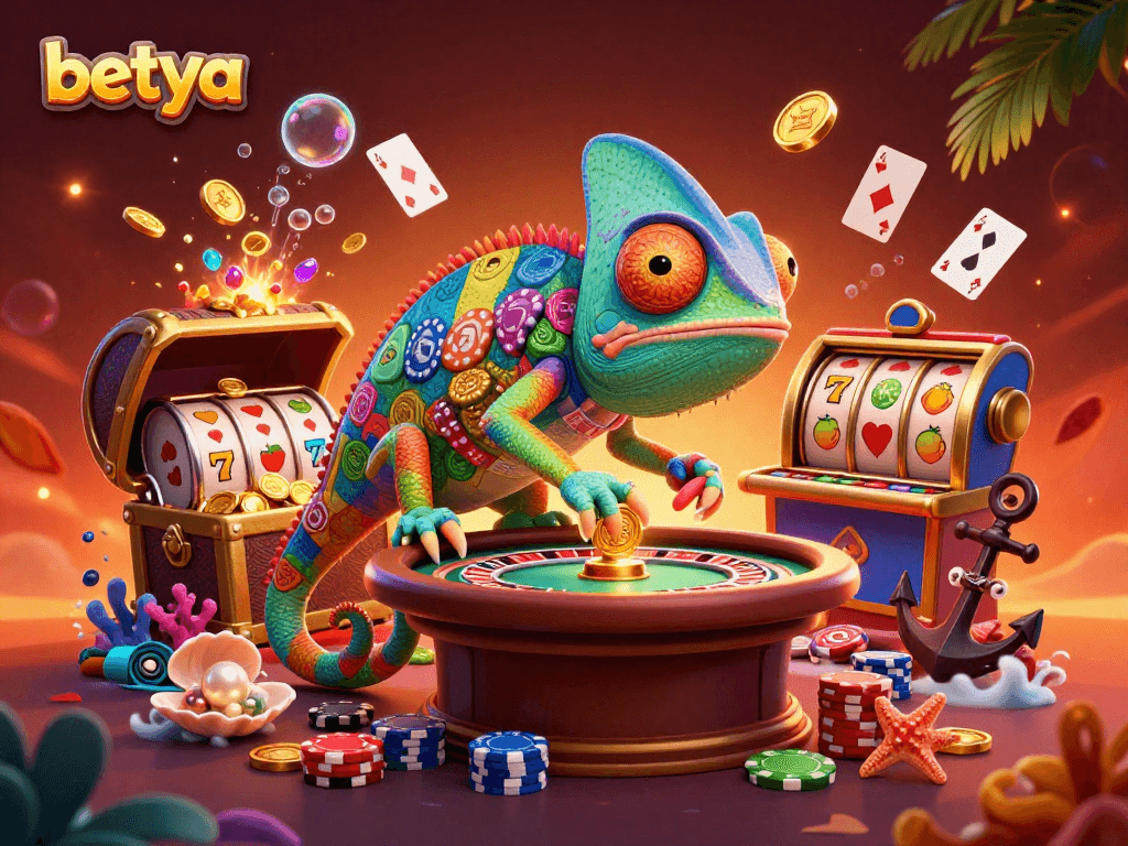 Betya's vibrant casino scene showcases a colorful chameleon and treasures, engaging players in the game atmosphere.