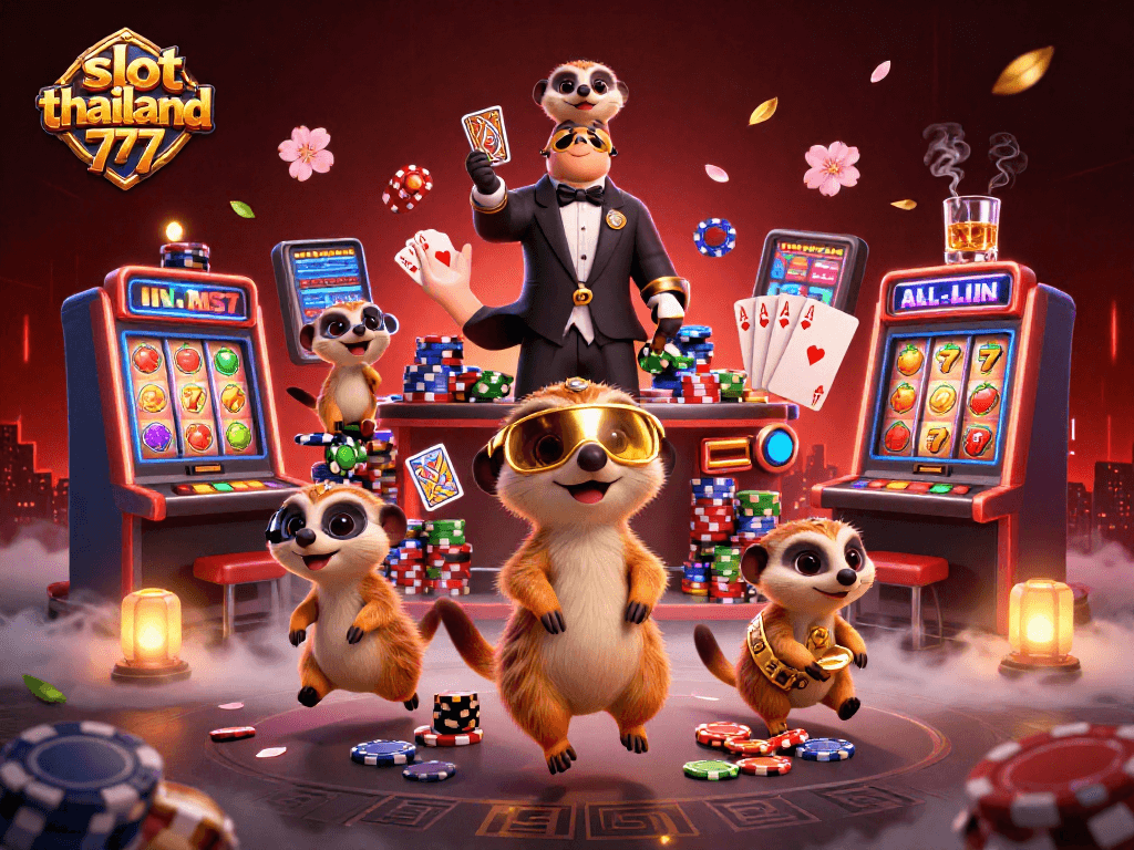 Engage with slot thailand 777 in a vibrant casino scene featuring meerkats managing gaming action.