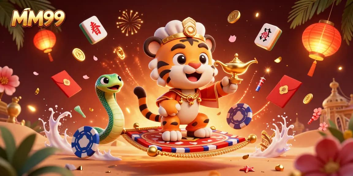 Experience thrilling MM99 gameplay with the tiger sultan on a flying carpet, surrounded by vibrant casino elements.