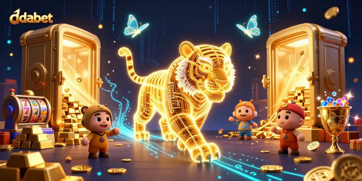 Dabet features a vibrant 3D casino scene with a golden tiger amid slot reels and treasures, showcasing exciting gameplay.
