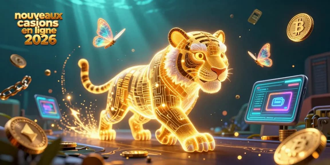 Illustration captivante des nouveaux casinos en ligne 2026, mettant en avant un tigre en fil de lumière dans un paysage numérique.
