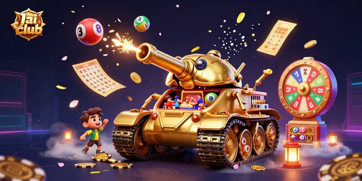 Join exciting games at Jai club, featuring dynamic colorful lottery balls and a golden casino tank illustration.