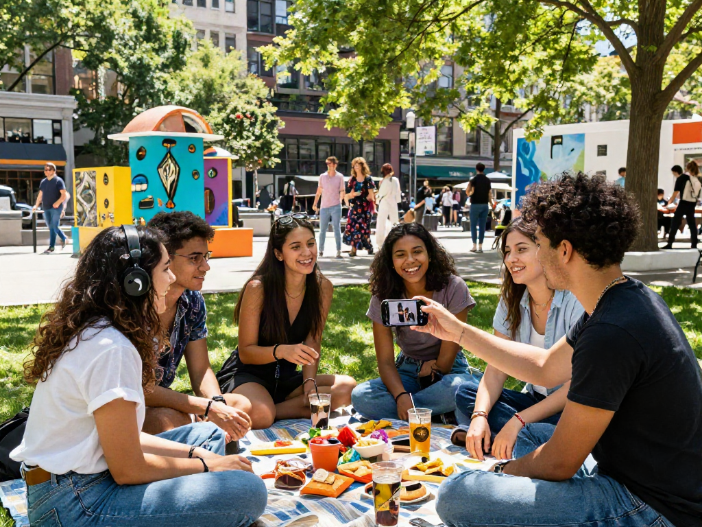Friends crush on each other at a lively city park picnic.