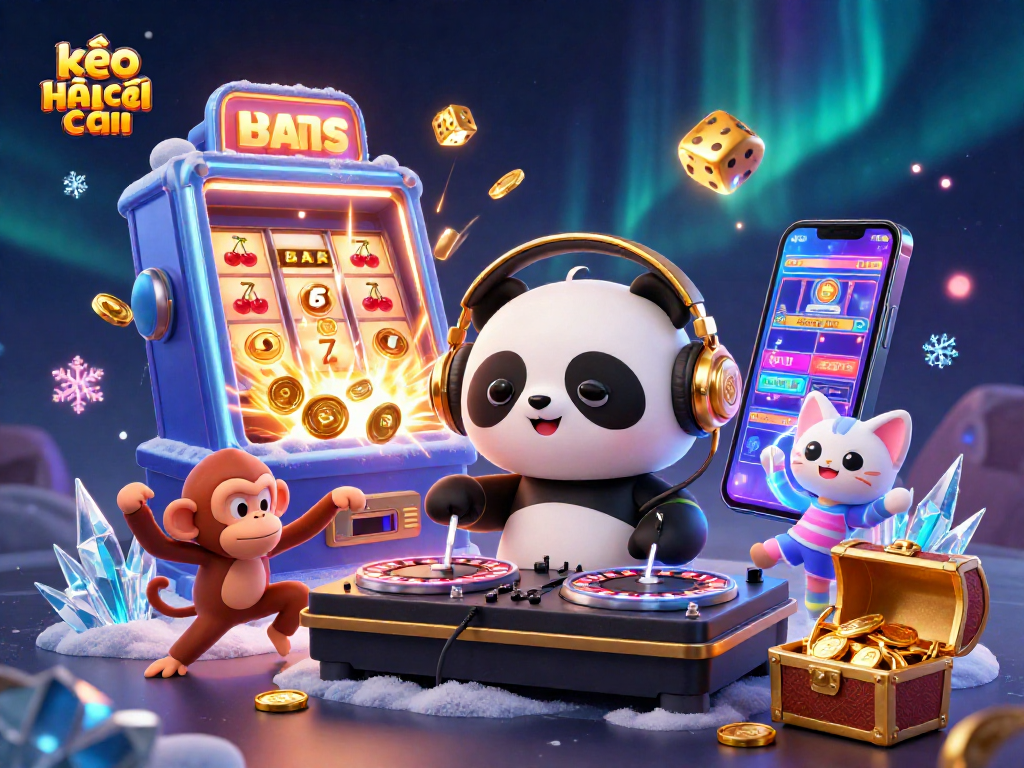 Experience the excitement of kèo nhà cái with a 3D DJ panda and vibrant casino elements.
