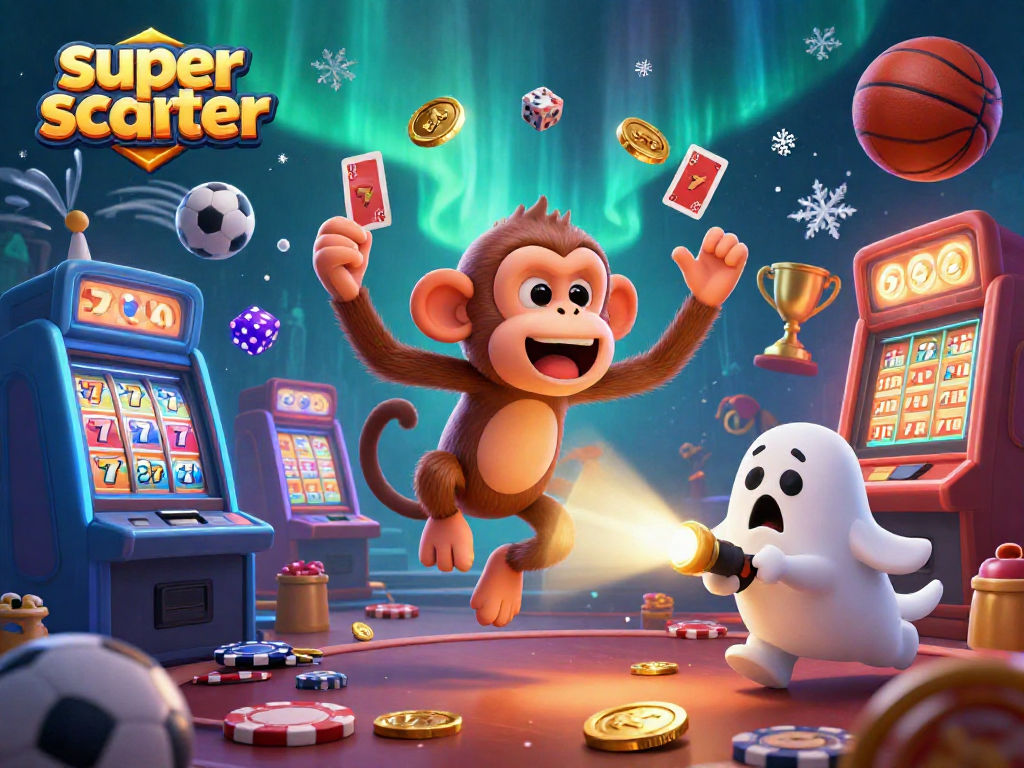 Experience the thrill of super scatter wins with an animated poltergeist monkey and ghost-hunter puppy in a lively casino.