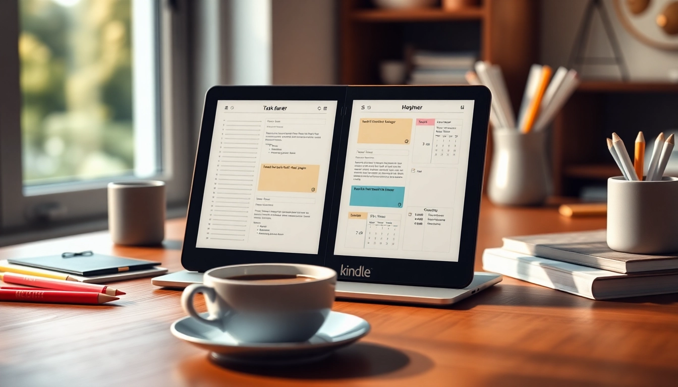 Organizing tasks with planners for Kindle Scribe on a stylish wooden desk setup.