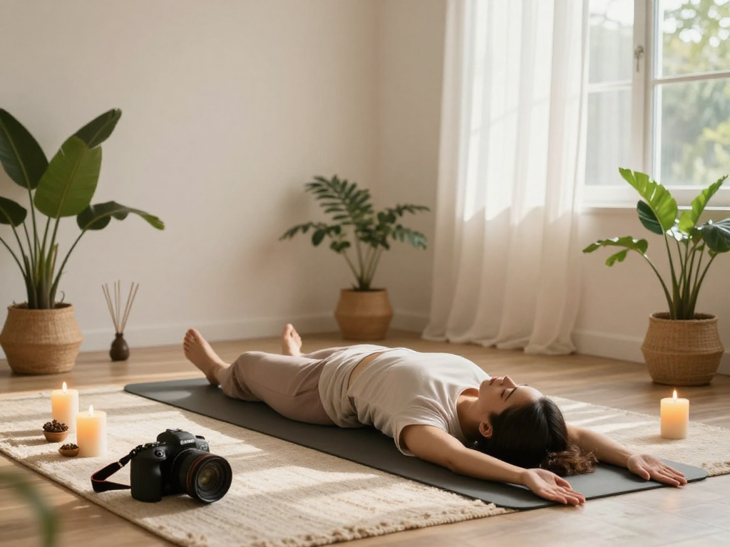 Individual practicing mantra 88 meditation in a calming wellness studio with candles and plants.
