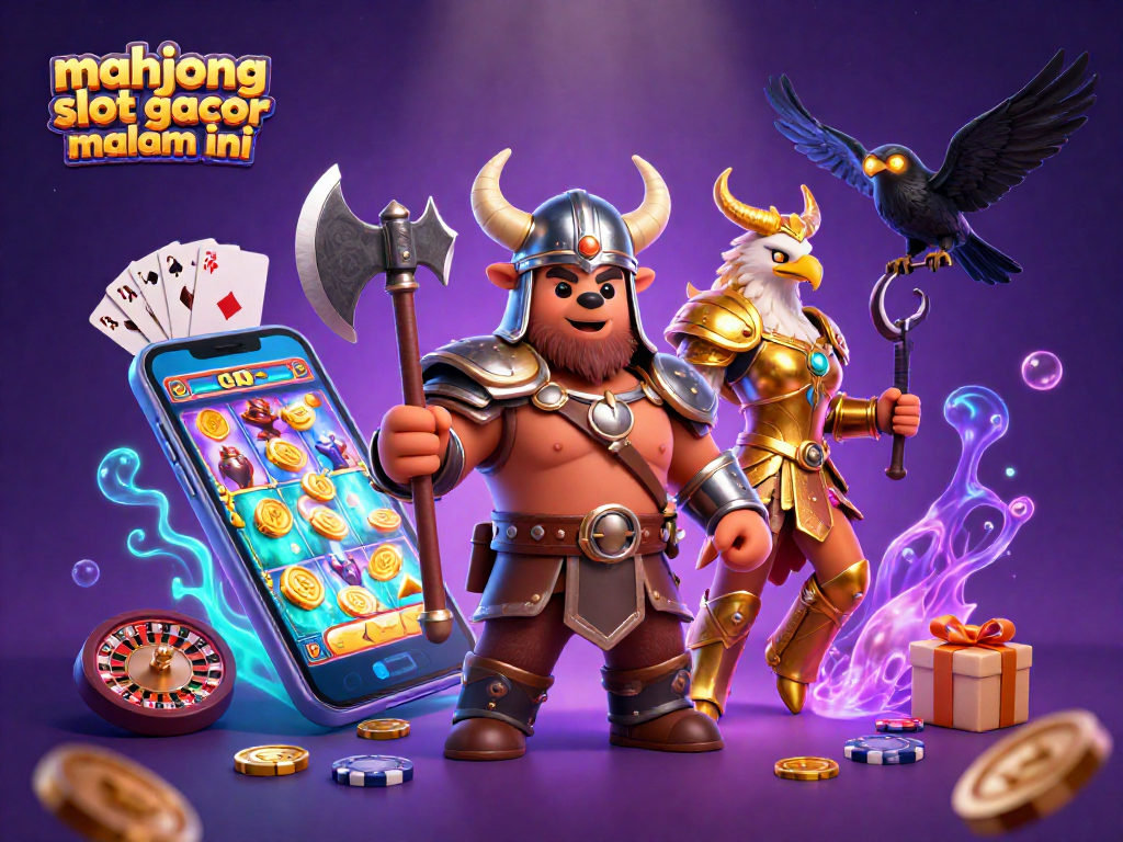 Playing mahjong slot gacor malam ini with a captivating 3D casino scene featuring a Viking bear and elements of gaming.