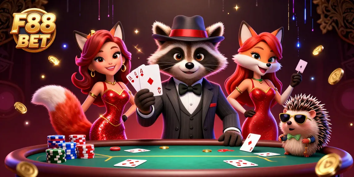 Play winning hands with F88 BET in an exhilarating casino scene featuring engaging characters and game elements.