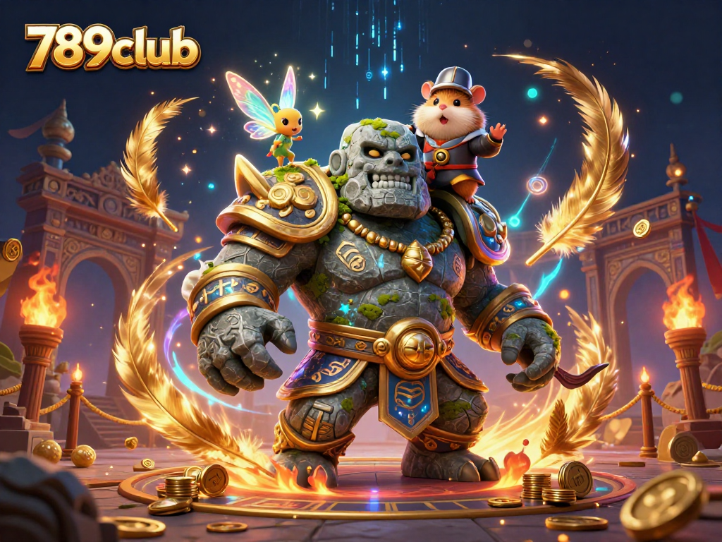 Join the fun at 789club with a captivating scene featuring a magical golem, fairy, and hamster knight.