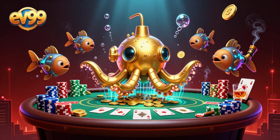 Win big with ev99 at this vibrant online casino featuring golden kraken and poker elements.