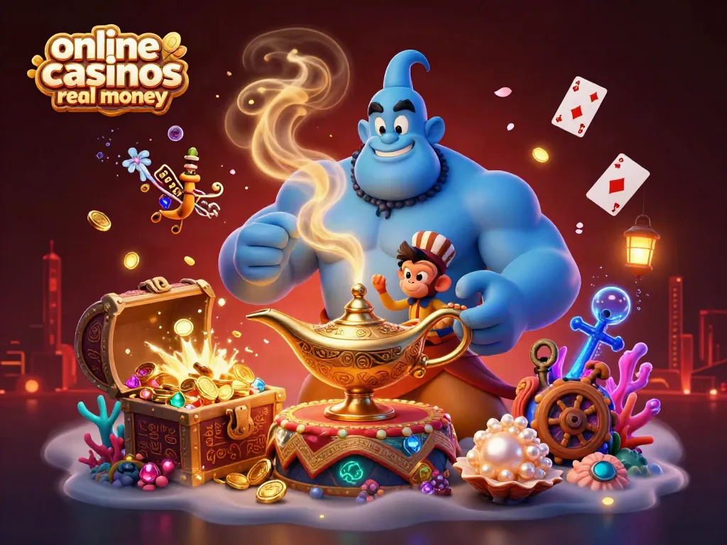 Experience the magic of online casinos real money with vibrant characters like a genie and monkey on a carpet.
