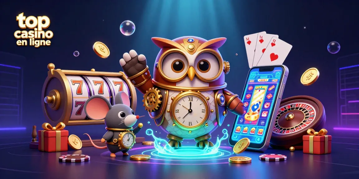 Profitez de l'expérience des jeux d'argent au top casino en ligne avec une illustration captivante de jeux et personnages.