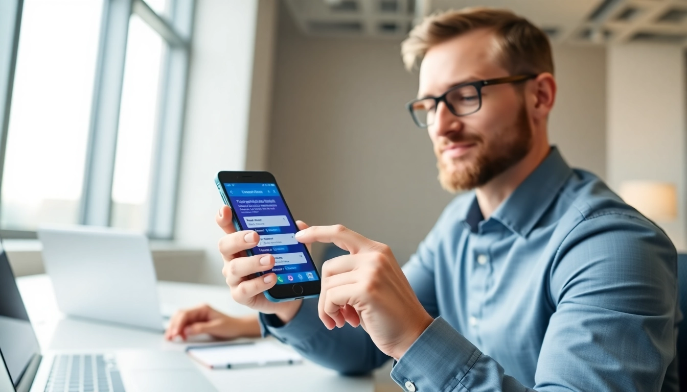 Explore O2 business mobile phone deals with a professional using a smartphone in an office setting.