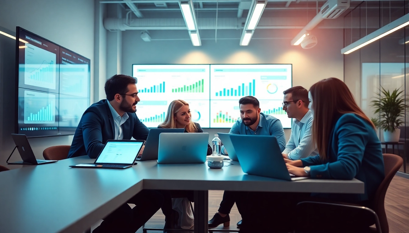Engaging digital marketing team of Shopify experts collaborating in a modern workspace.