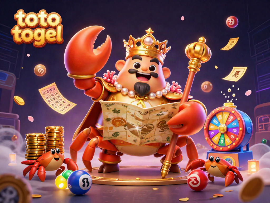 Engage with toto togel as a golden crab emperor presides over vibrant lottery elements.