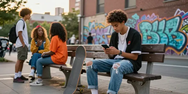 onlyfans leaks scene of urban youth engaging with phones and skateboards