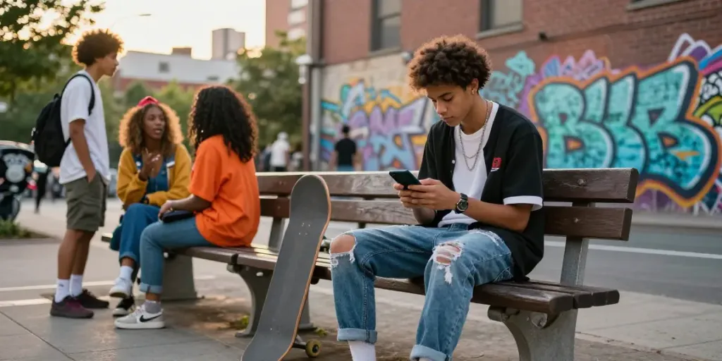 onlyfans leaks scene of urban youth engaging with phones and skateboards