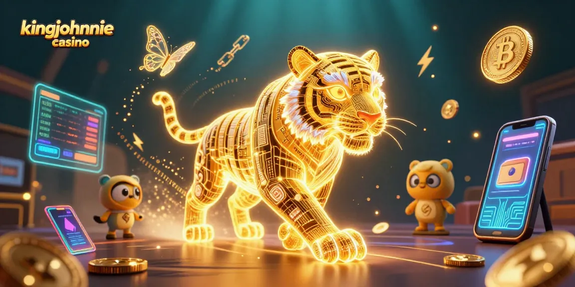 Engage with kingjohnnie casino in this vibrant 3D digital scene, showcasing crypto-themed elements.