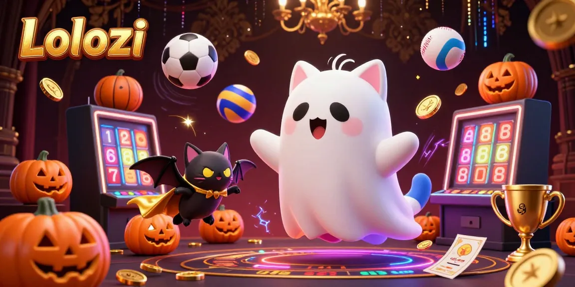 Lolozi's haunted casino scene with a ghost cat, dynamic sports betting elements, and golden trophies.