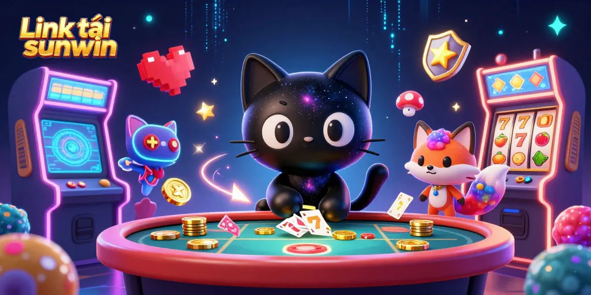 Win big with Link tải sunwin as a cosmic cat draws in golden casino chips and cards.