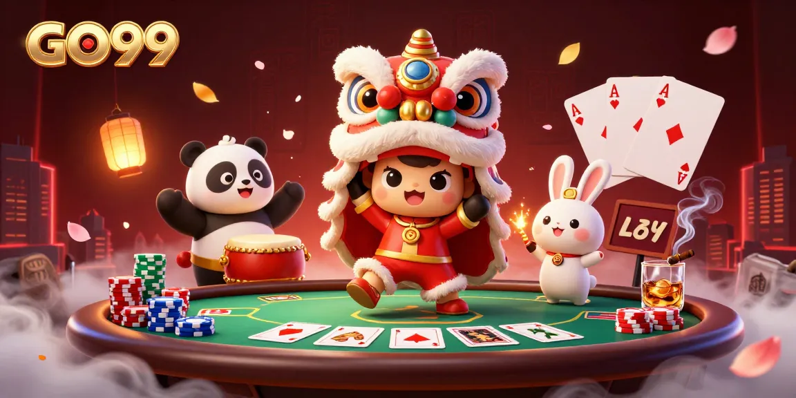 Engage with GO99's vibrant gaming scene surrounded by fun characters and poker elements.