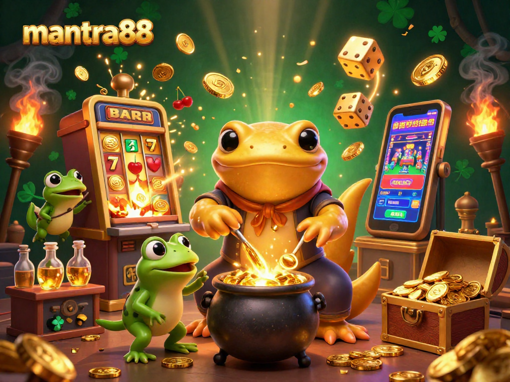 Experience the excitement of mantra88 with a vibrant 3D illustration showcasing dynamic casino elements and characters.
