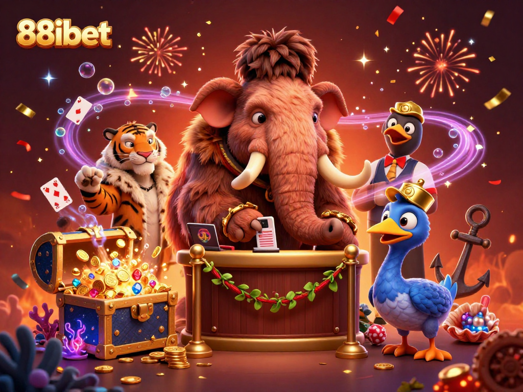 Experience the thrill of 88ibet with this vibrant casino scene featuring an engaging woolly mammoth bouncer.