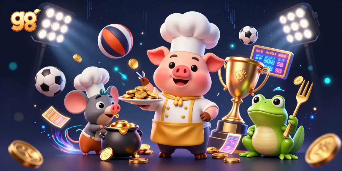 Join the fun at go 88 as our cartoon chef pig serves gold coins surrounded by sports excitement and dynamic energy.