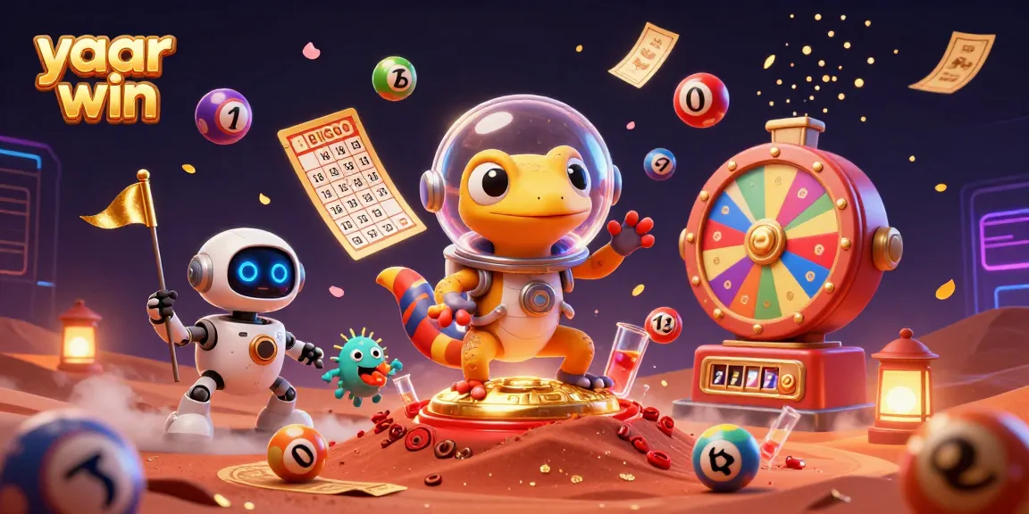 Cheerful Martian gecko discovers the golden casino at yaar win amidst vibrant gambling elements.