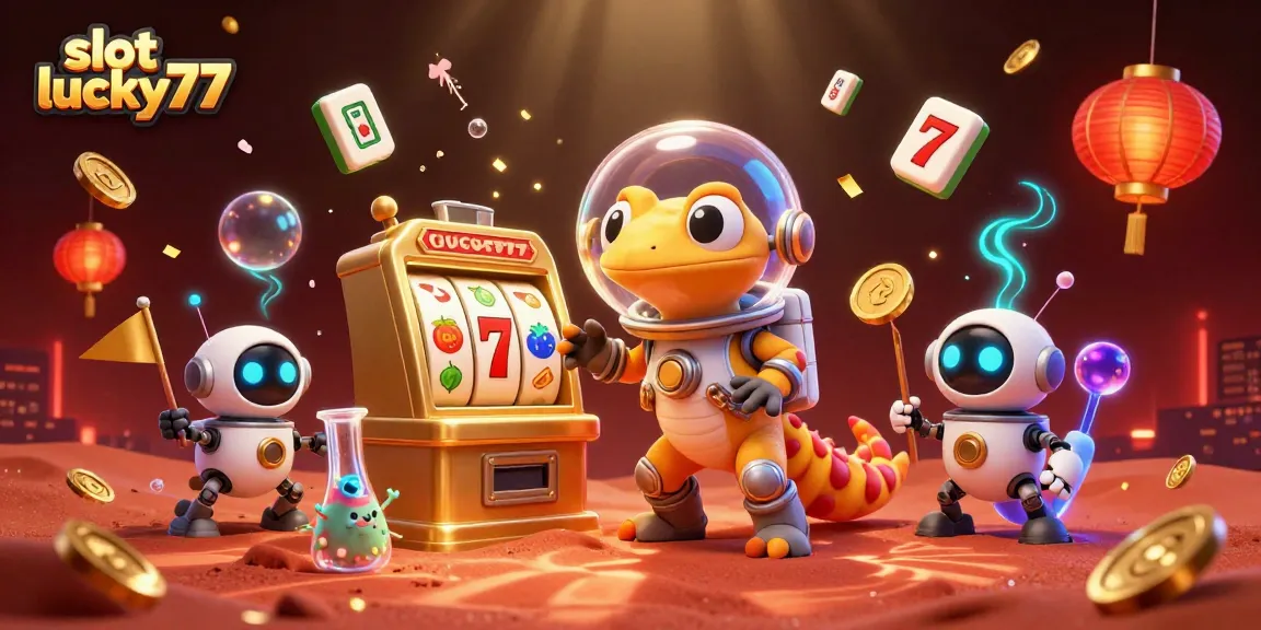 Spin the slot lucky77 reels in a vibrant Martian casino scene filled with excitement and color.