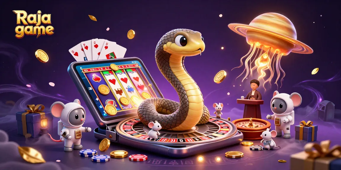 Engage with Raja game as cartoon characters interact in a lively cosmic casino setting.
