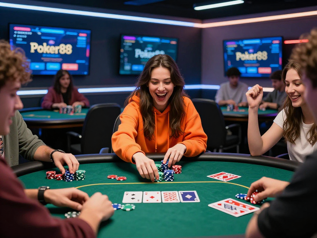 Friends enjoying Poker88 online gaming experience with vibrant atmosphere and modern interface.