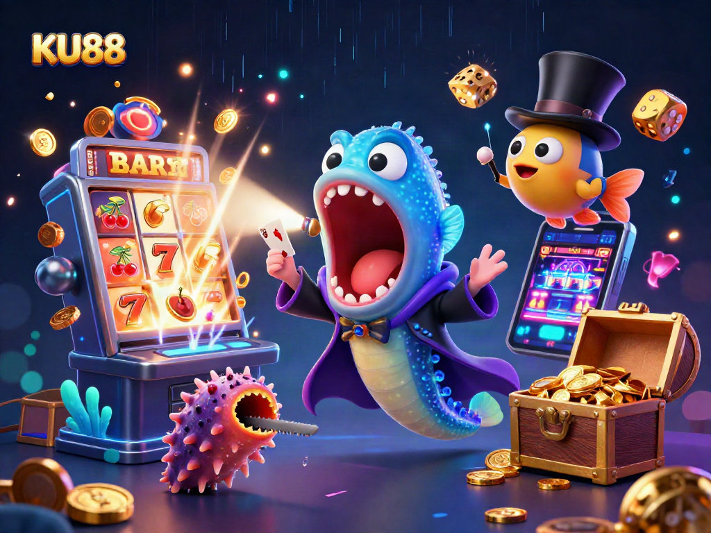 Engage with KU88's thrilling magic scene featuring an eel and anglerfish in an action-packed casino.
