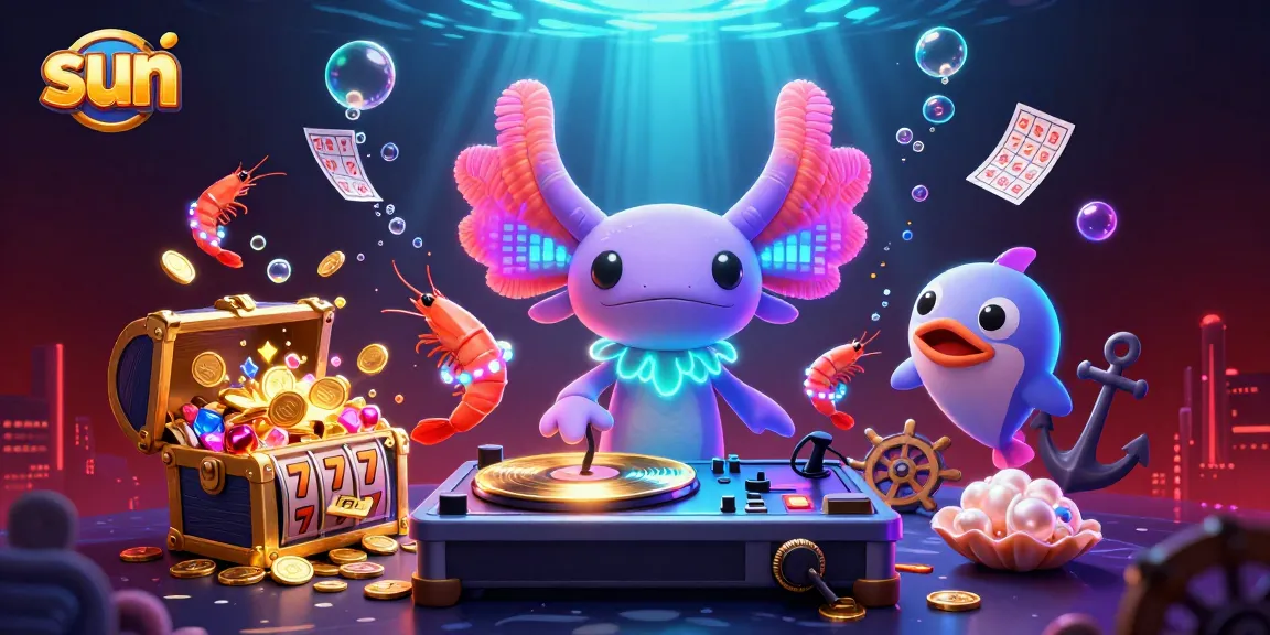 Spin to win with the vibrant sun-themed casino scene filled with fun characters and game elements.