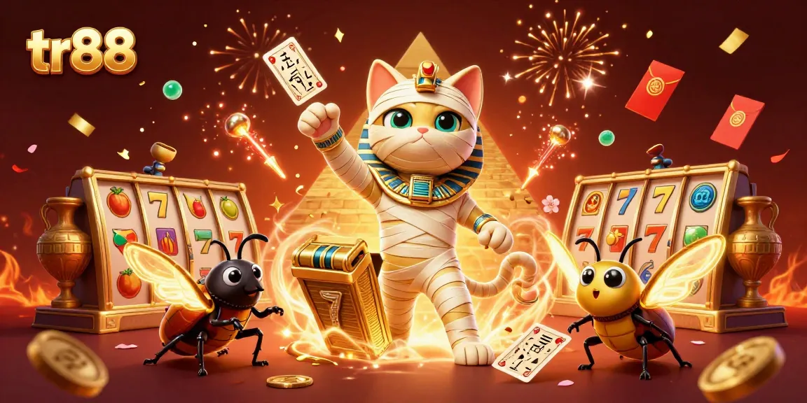 tr88 offers an exciting gambling experience with a cartoon mummy and vibrant slot games.