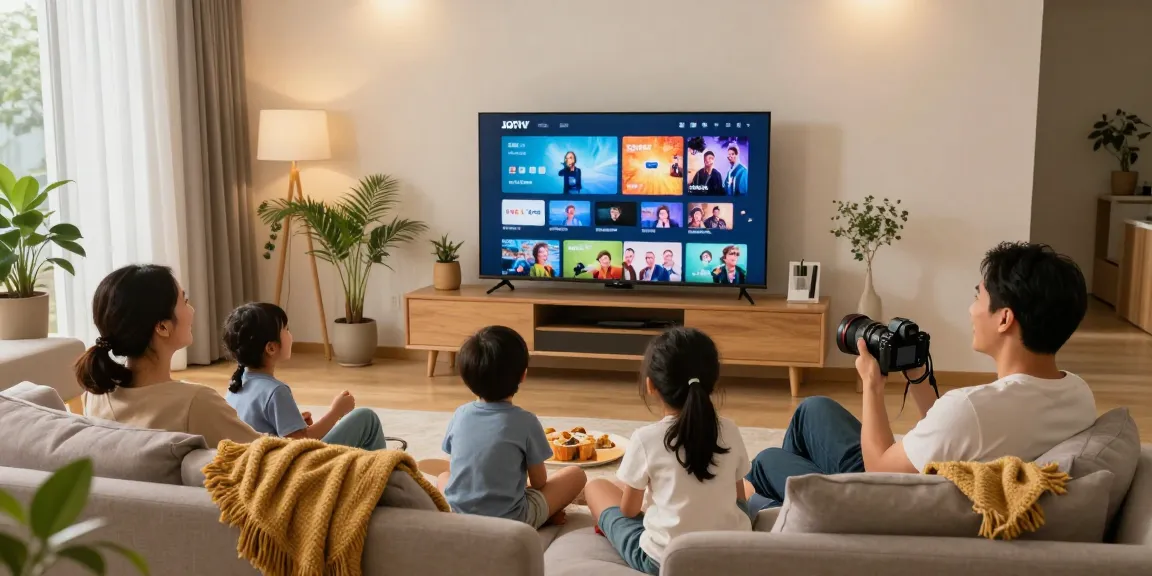 Family enjoying streaming digitaline iptv content on a TV in a cozy living room