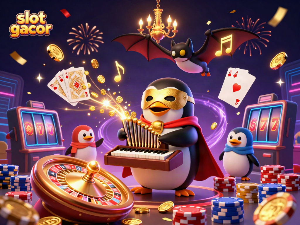 Experience the thrill of slot gacor with a 3D penguin playing a coin-shooting organ!