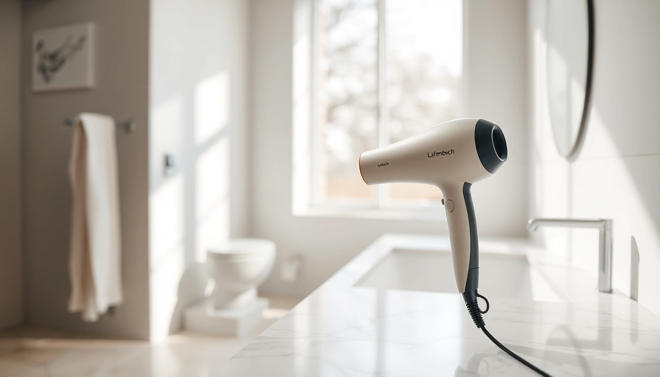 Laifentech hair dryer showcased in a modern bathroom environment, emphasizing elegance and innovation.