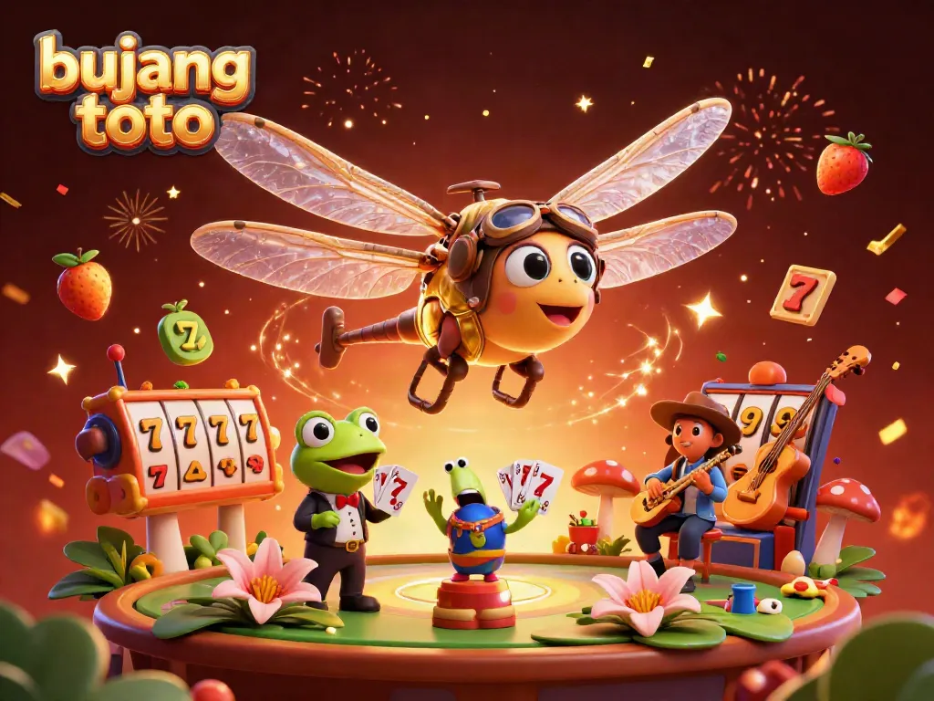 Bujang toto engaging with dynamic slot reels in a colorful, festive casino scene.