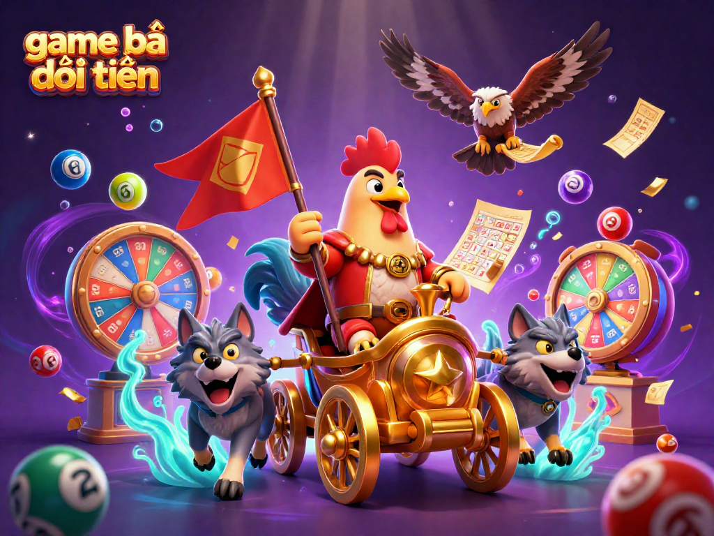 Playing the game bài đổi thưởng, a rooster warlord leads a dynamic casino scene filled with colorful elements.