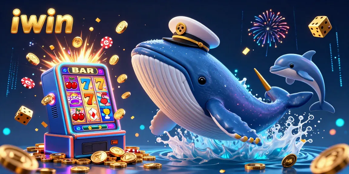 Experience the excitement of iwin with a vibrant 3D scene of a whale and friends celebrating casino wins.