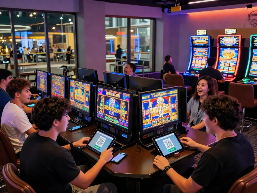 Players using slot deposit qris at a vibrant online casino gaming lounge.
